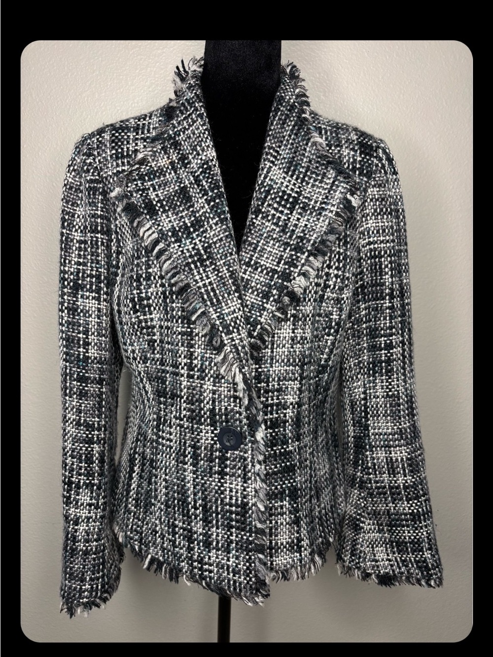 Womens Black & White Tweed Fringe Blazer Jacket
